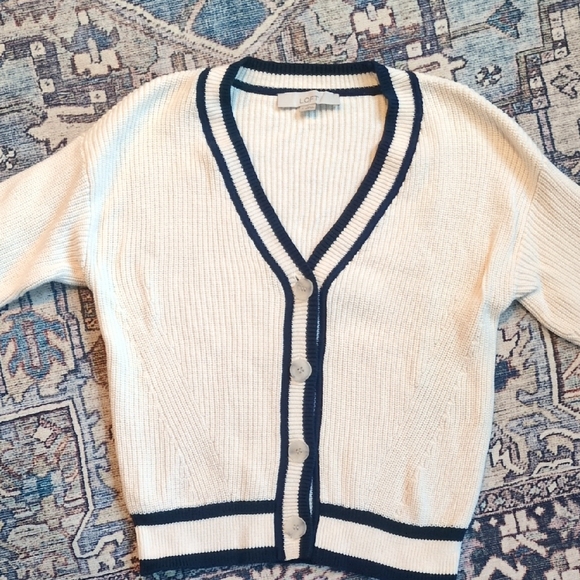 LOFT Sweaters - LOFT Varsity Women's Cream Cardigan with Navy Trim